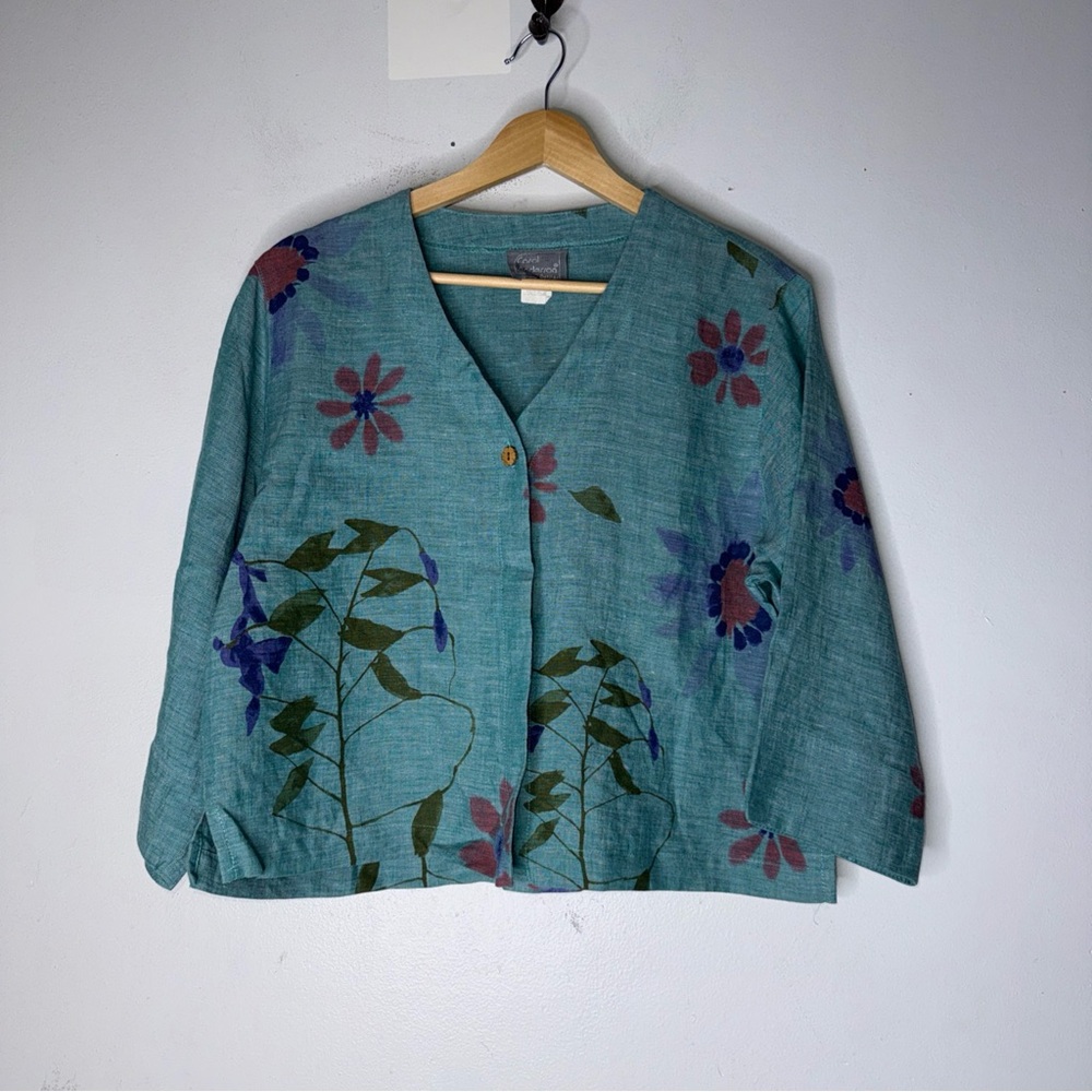 vintage carol anderson Blue Green Painted Floral Linen Single Button Top Artsy M
